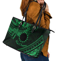 Kia Orana Cook Islands Leather Tote Bag Circle Stars With Floral Green Pattern LT01 - Polynesian Pride