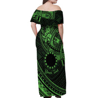 Kia Orana Cook Islands Off Shoulder Maxi Dress Circle Stars With Floral Green Pattern LT01 - Polynesian Pride