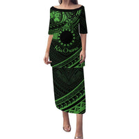 Kia Orana Cook Islands Puletasi Circle Stars With Floral Green Pattern LT01 Long Dress Green - Polynesian Pride