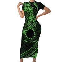 Kia Orana Cook Islands Short Sleeve Bodycon Dress Circle Stars With Floral Green Pattern LT01