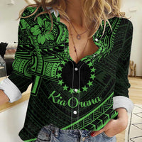 Kia Orana Cook Islands Women Casual Shirt Circle Stars With Floral Green Pattern LT01