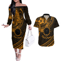 Kia Orana Cook Islands Couples Matching Off The Shoulder Long Sleeve Dress and Hawaiian Shirt Circle Stars With Floral Gold Pattern LT01 Gold - Polynesian Pride