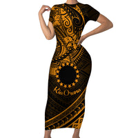 Kia Orana Cook Islands Short Sleeve Bodycon Dress Circle Stars With Floral Gold Pattern LT01 Long Dress Gold - Polynesian Pride