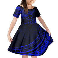 Kia Orana Cook Islands Family Matching Off Shoulder Short Dress and Hawaiian Shirt Circle Stars With Floral Navy Blue Pattern LT01 Daughter's Dress Blue - Polynesian Pride