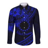 Kia Orana Cook Islands Long Sleeve Button Shirt Circle Stars With Floral Navy Blue Pattern LT01 Unisex Blue - Polynesian Pride