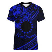 Kia Orana Cook Islands Women V Neck T Shirt Circle Stars With Floral Navy Blue Pattern LT01 Female Blue - Polynesian Pride