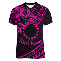 Kia Orana Cook Islands Women V Neck T Shirt Circle Stars With Floral Pink Pattern LT01 Female Pink - Polynesian Pride