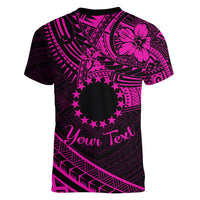Kia Orana Cook Islands Women V Neck T Shirt Circle Stars With Floral Pink Pattern LT01 - Polynesian Pride