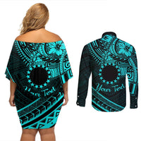 Kia Orana Cook Islands Couples Matching Off Shoulder Short Dress and Long Sleeve Button Shirt Circle Stars With Floral Turquoise Pattern LT01 - Polynesian Pride