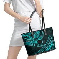 Kia Orana Cook Islands Leather Tote Bag Circle Stars With Floral Turquoise Pattern LT01 - Polynesian Pride
