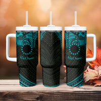 Kia Orana Cook Islands Tumbler With Handle Circle Stars With Floral Turquoise Pattern