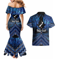 Personalised Aotearoa Matariki Couples Matching Mermaid Dress and Hawaiian Shirt Blue Fern Maori Poutama