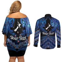 Personalised Aotearoa Matariki Couples Matching Off Shoulder Short Dress and Long Sleeve Button Shirt Blue Fern Maori Poutama