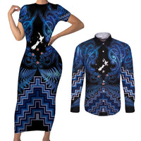 Personalised Aotearoa Matariki Couples Matching Short Sleeve Bodycon Dress and Long Sleeve Button Shirt Blue Fern Maori Poutama