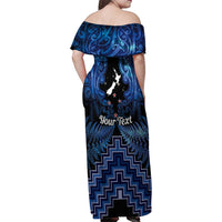 Personalised Aotearoa Matariki Family Matching Off Shoulder Maxi Dress and Hawaiian Shirt Blue Fern Maori Poutama