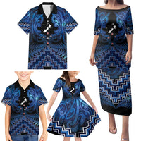 Personalised Aotearoa Matariki Family Matching Puletasi and Hawaiian Shirt Blue Fern Maori Poutama