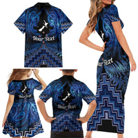 Personalised Aotearoa Matariki Family Matching Short Sleeve Bodycon Dress and Hawaiian Shirt Blue Fern Maori Poutama