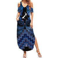 Personalised Aotearoa Matariki Family Matching Summer Maxi Dress and Hawaiian Shirt Blue Fern Maori Poutama