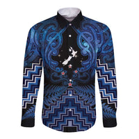 Personalised Aotearoa Matariki Long Sleeve Button Shirt Blue Fern Maori Poutama LT01 Unisex Blue - Polynesian Pride