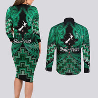 Personalised Aotearoa Matariki Couples Matching Long Sleeve Bodycon Dress and Long Sleeve Button Shirt Green Fern Maori Poutama