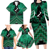 Personalised Aotearoa Matariki Family Matching Long Sleeve Bodycon Dress and Hawaiian Shirt Green Fern Maori Poutama
