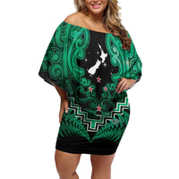 Personalised Aotearoa Matariki Family Matching Off Shoulder Short Dress and Hawaiian Shirt Green Fern Maori Poutama