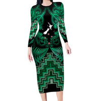 Personalised Aotearoa Matariki Long Sleeve Bodycon Dress Green Fern Maori Poutama