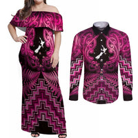 Personalised Aotearoa Matariki Couples Matching Off Shoulder Maxi Dress and Long Sleeve Button Shirt Pink Fern Maori Poutama