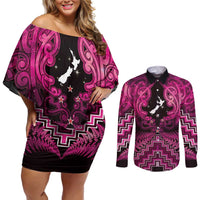 Personalised Aotearoa Matariki Couples Matching Off Shoulder Short Dress and Long Sleeve Button Shirt Pink Fern Maori Poutama