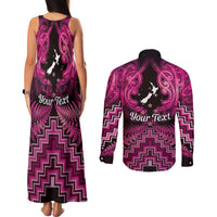 Personalised Aotearoa Matariki Couples Matching Tank Maxi Dress and Long Sleeve Button Shirt Pink Fern Maori Poutama