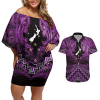Personalised Aotearoa Matariki Couples Matching Off Shoulder Short Dress and Hawaiian Shirt Purple Fern Maori Poutama
