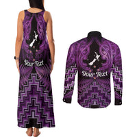 Personalised Aotearoa Matariki Couples Matching Tank Maxi Dress and Long Sleeve Button Shirt Purple Fern Maori Poutama