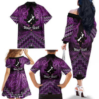 Personalised Aotearoa Matariki Family Matching Off The Shoulder Long Sleeve Dress and Hawaiian Shirt Purple Fern Maori Poutama
