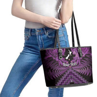 Personalised Aotearoa Matariki Leather Tote Bag Purple Fern Maori Poutama