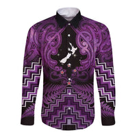 Personalised Aotearoa Matariki Long Sleeve Button Shirt Purple Fern Maori Poutama LT01 Unisex Purple - Polynesian Pride