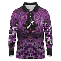 Personalised Aotearoa Matariki Long Sleeve Polo Shirt Purple Fern Maori Poutama