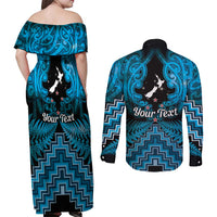 Personalised Aotearoa Matariki Couples Matching Off Shoulder Maxi Dress and Long Sleeve Button Shirt Turquoise Fern Maori Poutama