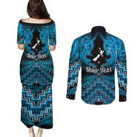 Personalised Aotearoa Matariki Couples Matching Puletasi and Long Sleeve Button Shirt Turquoise Fern Maori Poutama LT01 - Polynesian Pride