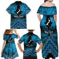 Personalised Aotearoa Matariki Family Matching Off Shoulder Maxi Dress and Hawaiian Shirt Turquoise Fern Maori Poutama