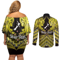 Personalised Aotearoa Matariki Couples Matching Off Shoulder Short Dress and Long Sleeve Button Shirt Yellow Fern Maori Poutama