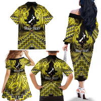 Personalised Aotearoa Matariki Family Matching Off The Shoulder Long Sleeve Dress and Hawaiian Shirt Yellow Fern Maori Poutama