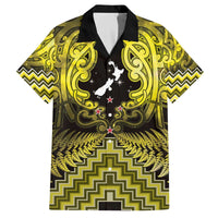 Personalised Aotearoa Matariki Family Matching Off The Shoulder Long Sleeve Dress and Hawaiian Shirt Yellow Fern Maori Poutama