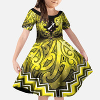 Personalised Aotearoa Matariki Family Matching Short Sleeve Bodycon Dress and Hawaiian Shirt Yellow Fern Maori Poutama