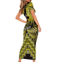 Personalised Aotearoa Matariki Family Matching Short Sleeve Bodycon Dress and Hawaiian Shirt Yellow Fern Maori Poutama