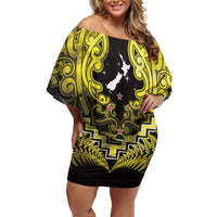 Personalised Aotearoa Matariki Off Shoulder Short Dress Yellow Fern Maori Poutama