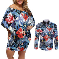Hawaii Tropicana Blue Pattern Couples Matching Off Shoulder Short Dress and Long Sleeve Button Shirt - Polynesian Pride