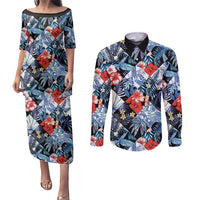 Hawaii Tropicana Blue Pattern Couples Matching Puletasi and Long Sleeve Button Shirt LT01 Blue - Polynesian Pride