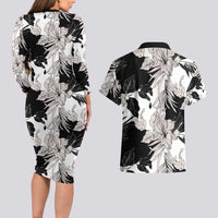 Black White Monotone Tropical Flowers Pattern Couples Matching Long Sleeve Bodycon Dress and Hawaiian Shirt - Polynesian Pride
