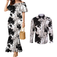 Black White Monotone Tropical Flowers Pattern Couples Matching Mermaid Dress and Long Sleeve Button Shirt LT01 Black - Polynesian Pride