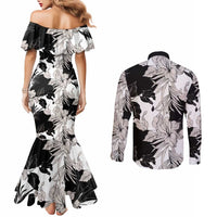 Black White Monotone Tropical Flowers Pattern Couples Matching Mermaid Dress and Long Sleeve Button Shirt LT01 - Polynesian Pride